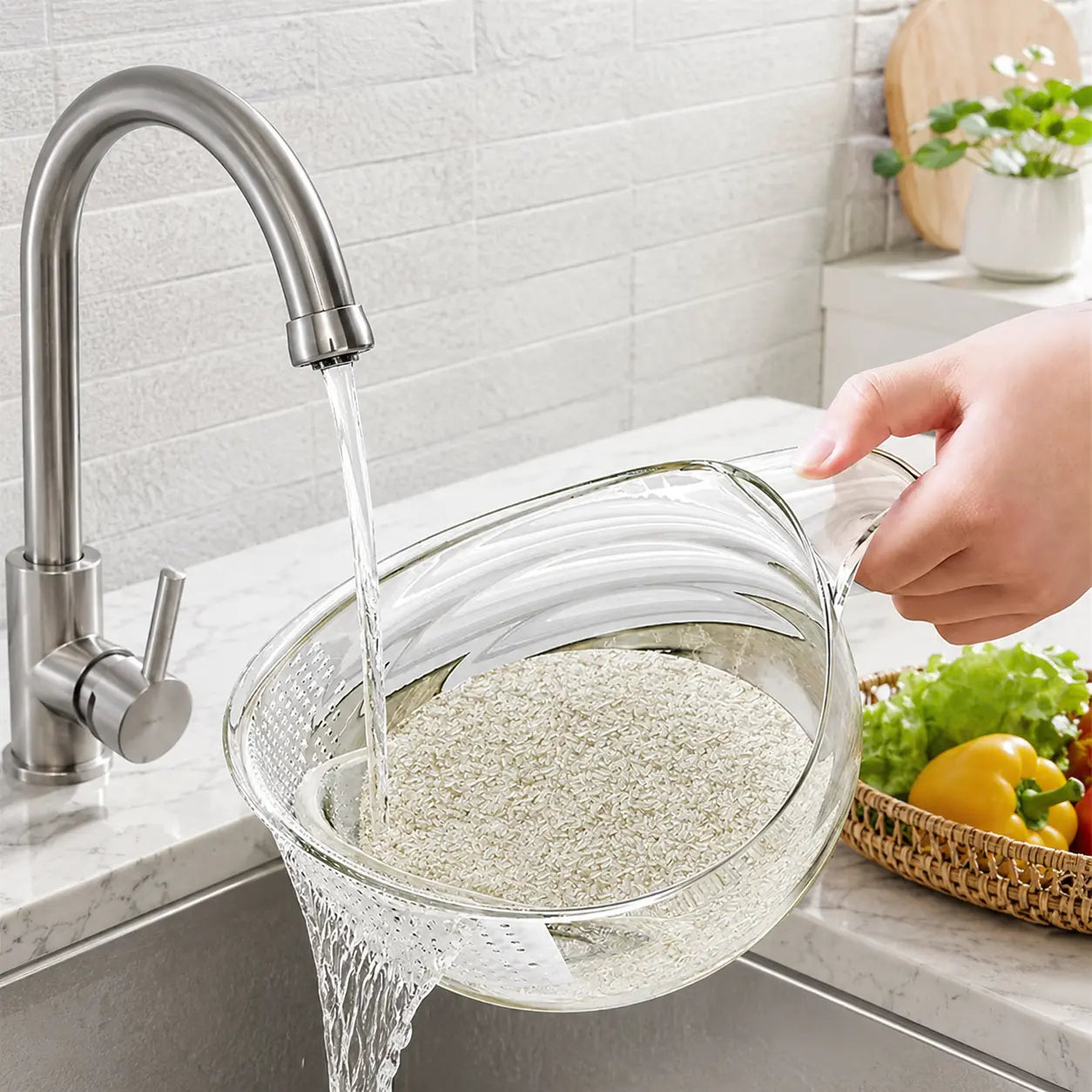 Multifunctional Aesthetic Rice Strainer with Handle - Durable BPA-Free Transparent Plastic Colander for Draining Vegetables, Fruits, Cheese, and Coffee Dispenser Set
