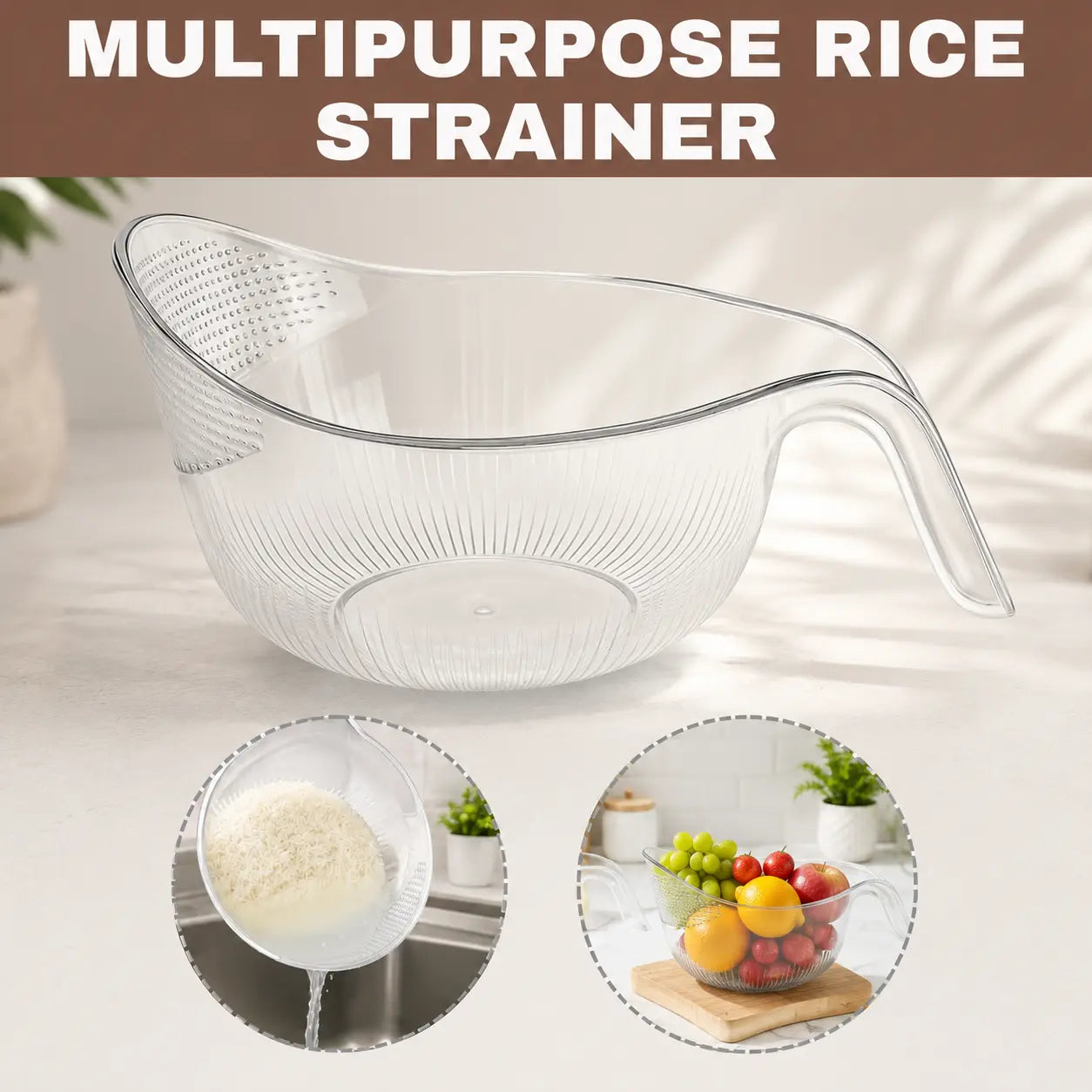 Multifunctional Aesthetic Rice Strainer with Handle - Durable BPA-Free Transparent Plastic Colander for Draining Vegetables, Fruits, Cheese, and Coffee Dispenser Set