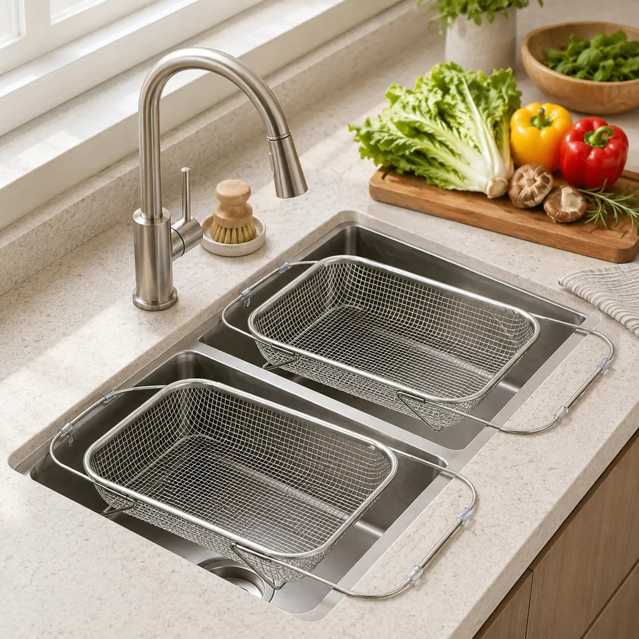Expandable Stainless Steel Over-The-Sink Colander Strainer Basket with Handles, Fine Mesh Kitchen Essential