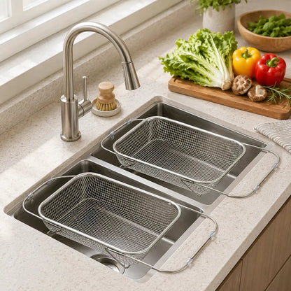 Expandable Stainless Steel Over-The-Sink Colander Strainer Basket with Handles, Fine Mesh Kitchen Essential