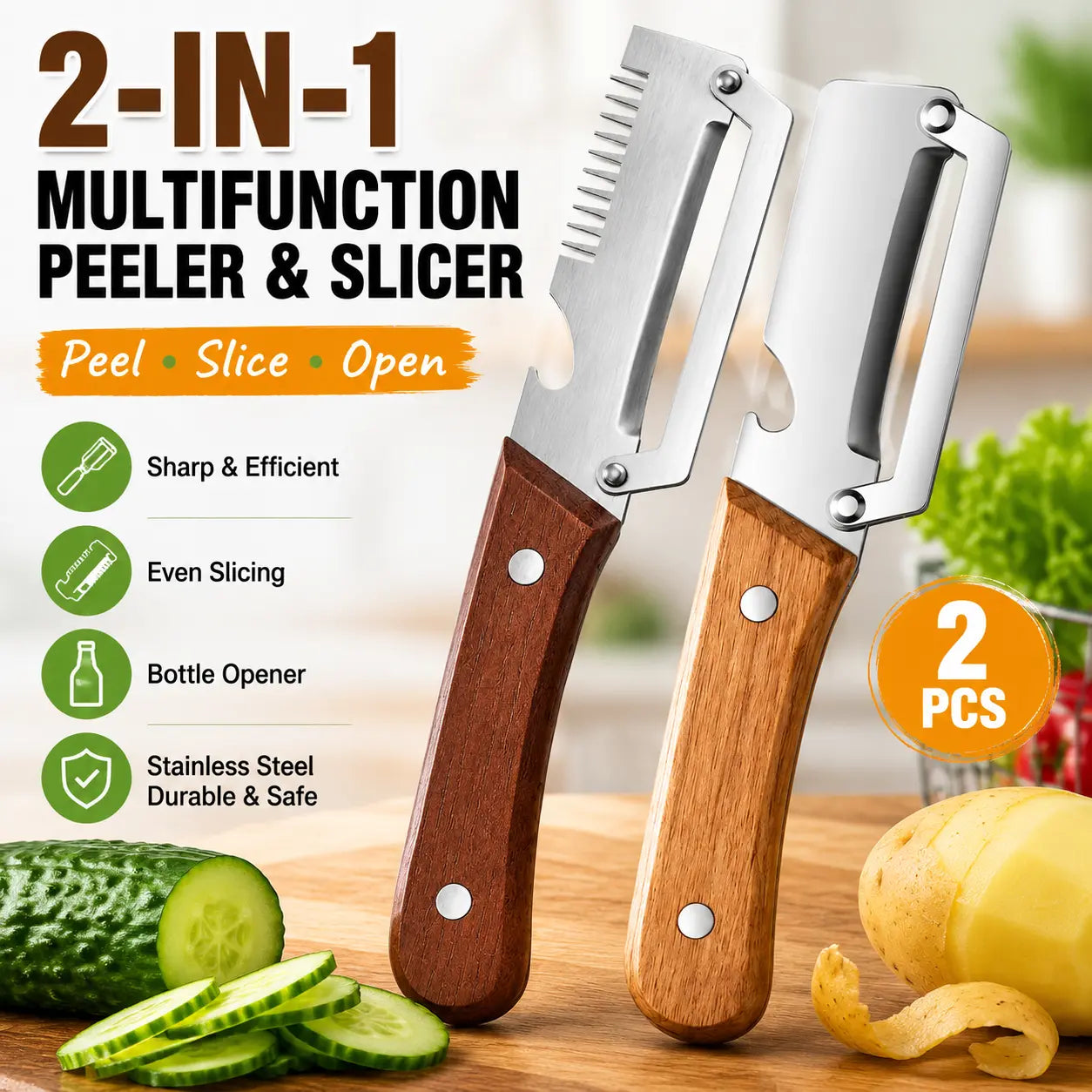 Set of 2 Multifunctional Kitchen Peelers with Wood Handles – Peeling, Slicing, Scraping, and Bottle Opening Tool