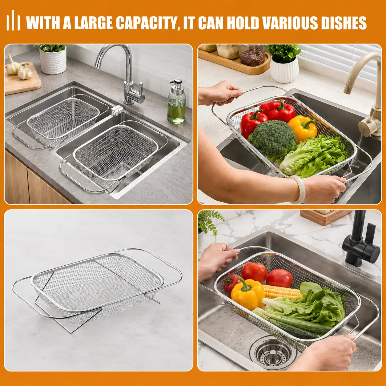 Expandable Stainless Steel Over-The-Sink Colander Strainer Basket with Handles, Fine Mesh Kitchen Essential