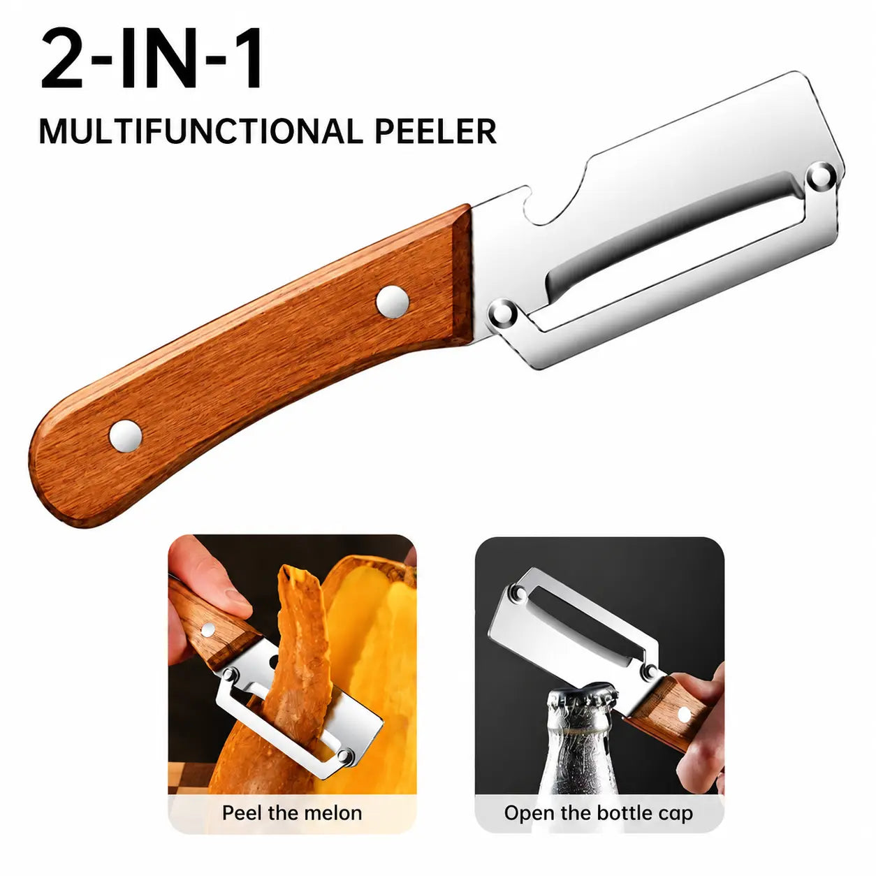 Set of 2 Multifunctional Kitchen Peelers with Wood Handles – Peeling, Slicing, Scraping, and Bottle Opening Tool