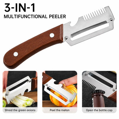 Set of 2 Multifunctional Kitchen Peelers with Wood Handles – Peeling, Slicing, Scraping, and Bottle Opening Tool