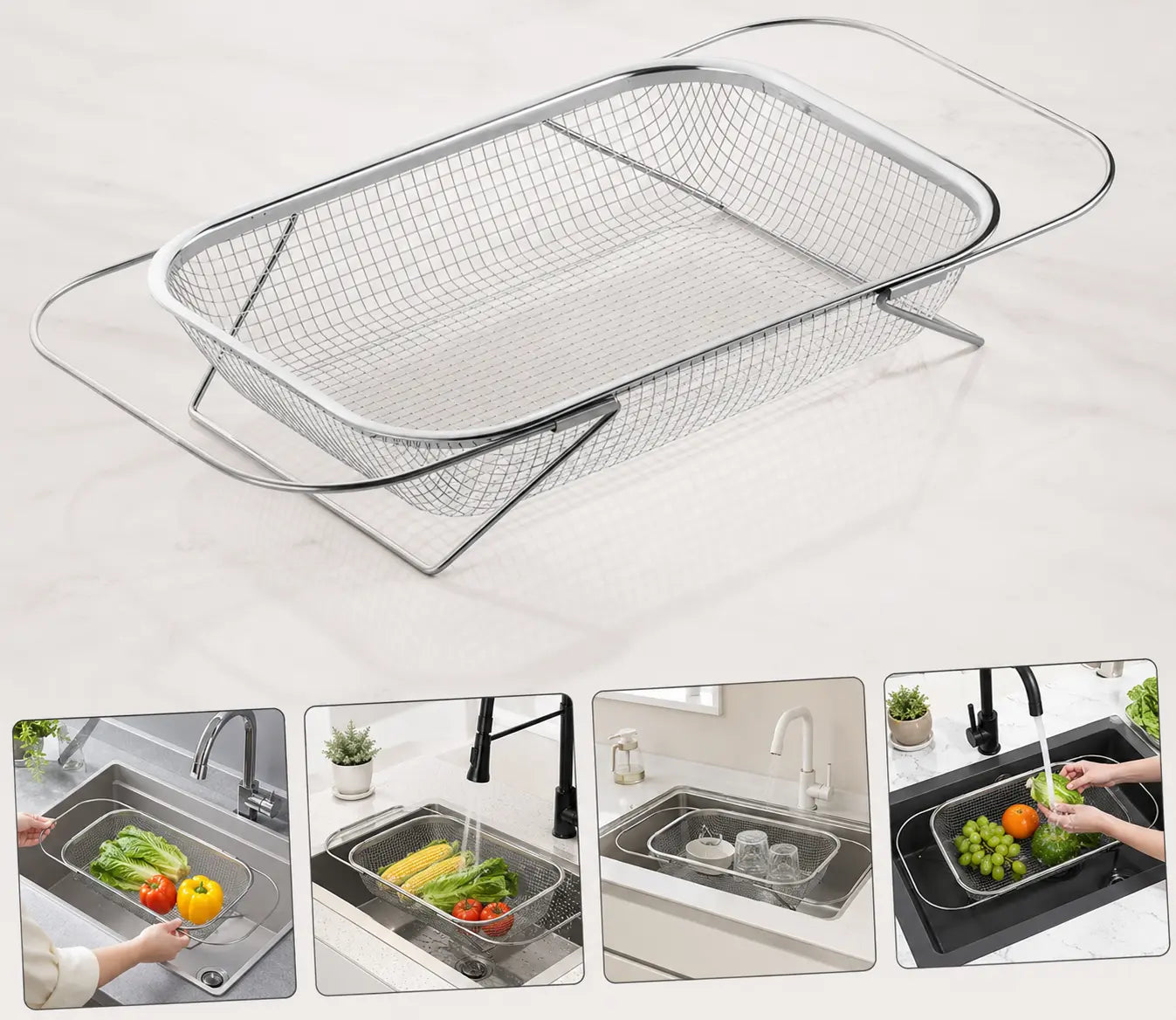 Expandable Stainless Steel Over-The-Sink Colander Strainer Basket with Handles, Fine Mesh Kitchen Essential