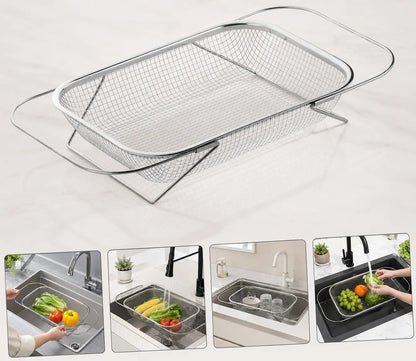 Expandable Stainless Steel Over-The-Sink Colander Strainer Basket with Handles, Fine Mesh Kitchen Essential