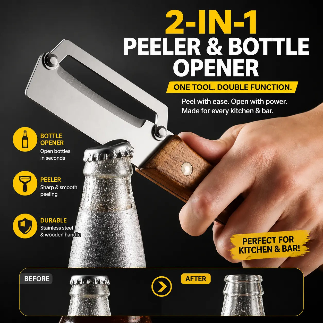 Set of 2 Multifunctional Kitchen Peelers with Wood Handles – Peeling, Slicing, Scraping, and Bottle Opening Tool