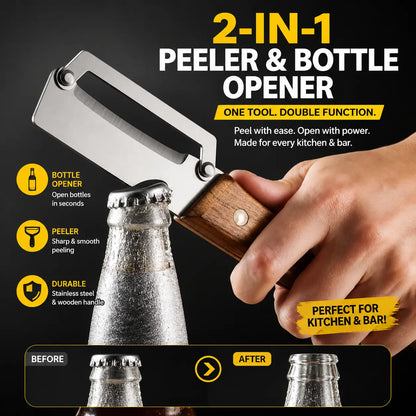 Set of 2 Multifunctional Kitchen Peelers with Wood Handles – Peeling, Slicing, Scraping, and Bottle Opening Tool