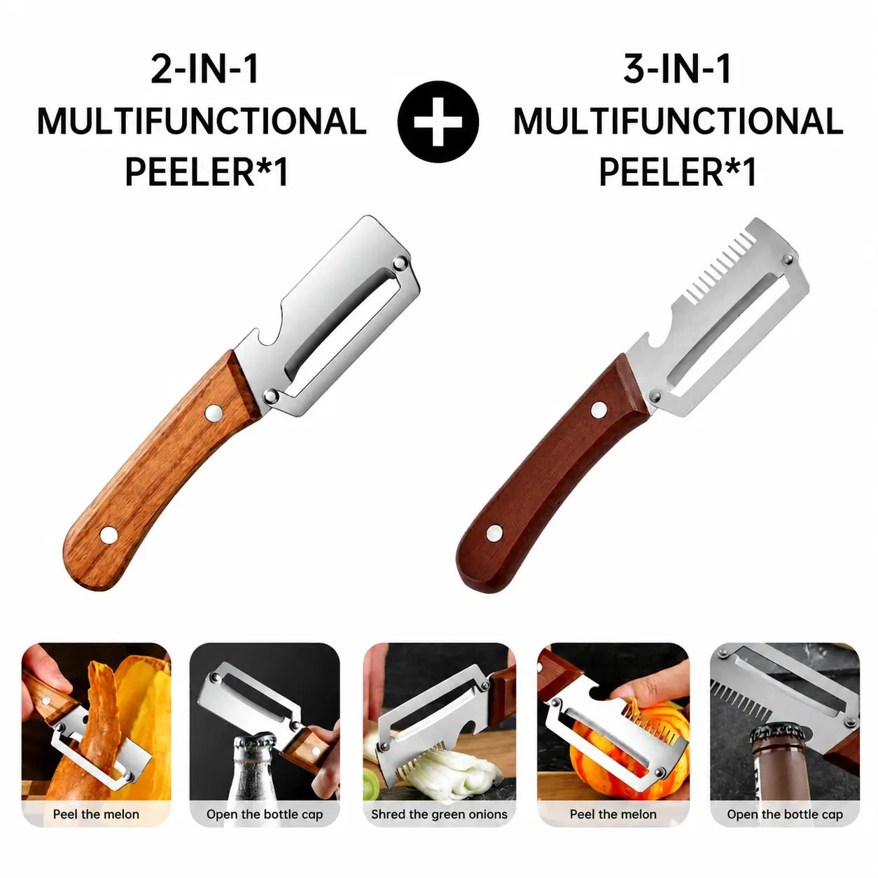 Set of 2 Multifunctional Kitchen Peelers with Wood Handles – Peeling, Slicing, Scraping, and Bottle Opening Tool