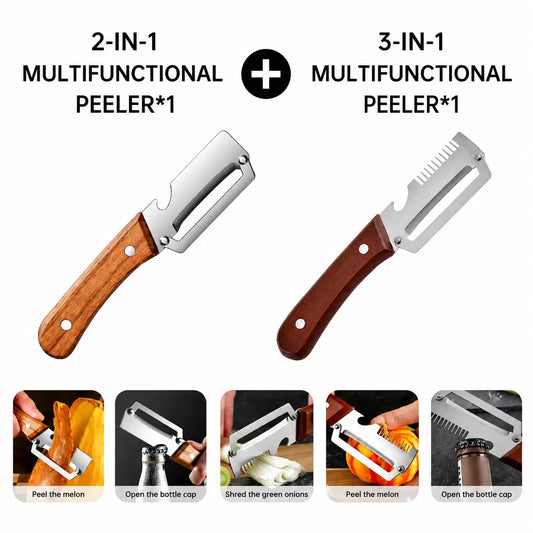Set of 2 Multifunctional Kitchen Peelers with Wood Handles – Peeling, Slicing, Scraping, and Bottle Opening Tool