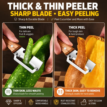 Set of 2 Multifunctional Kitchen Peelers with Wood Handles – Peeling, Slicing, Scraping, and Bottle Opening Tool