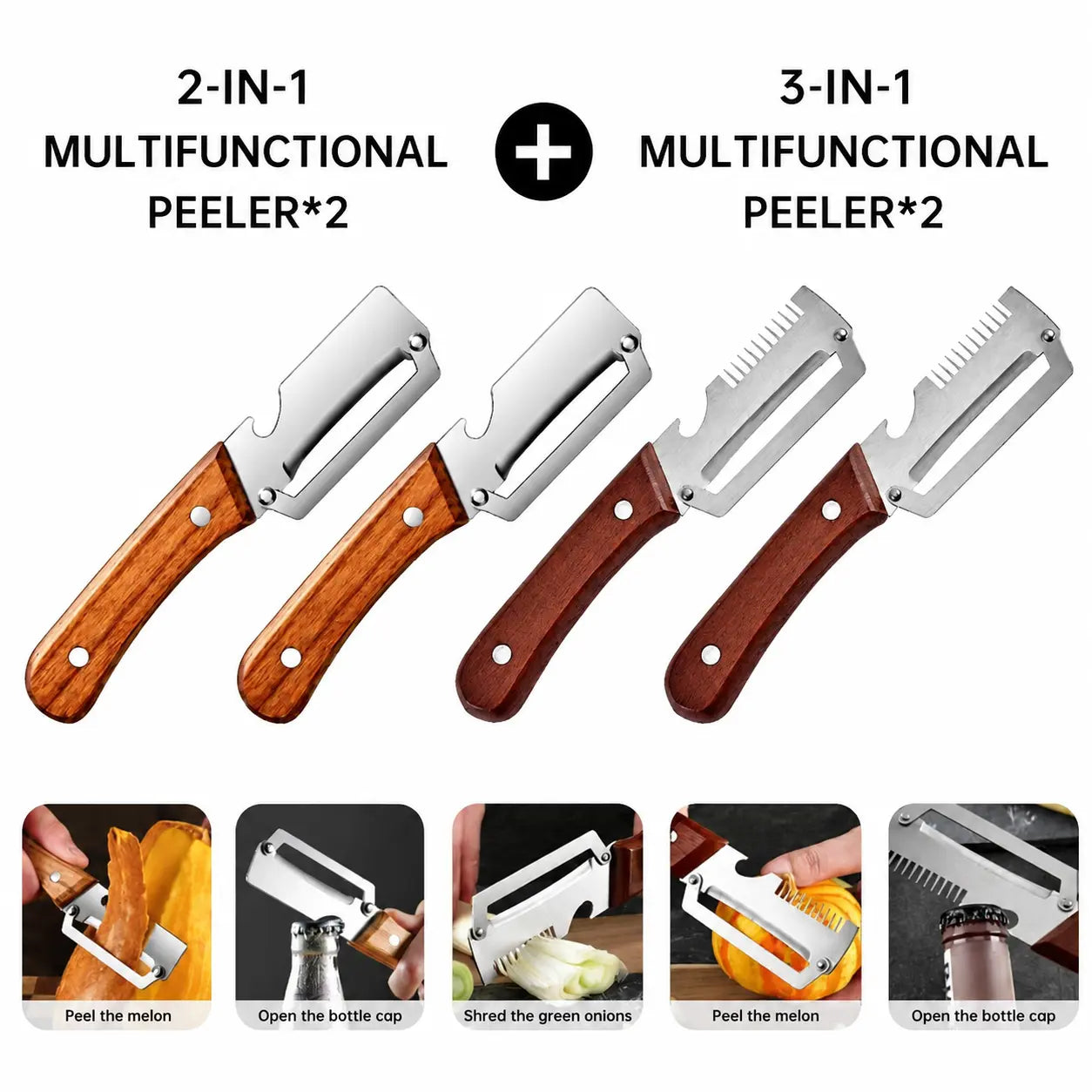 Set of 2 Multifunctional Kitchen Peelers with Wood Handles – Peeling, Slicing, Scraping, and Bottle Opening Tool